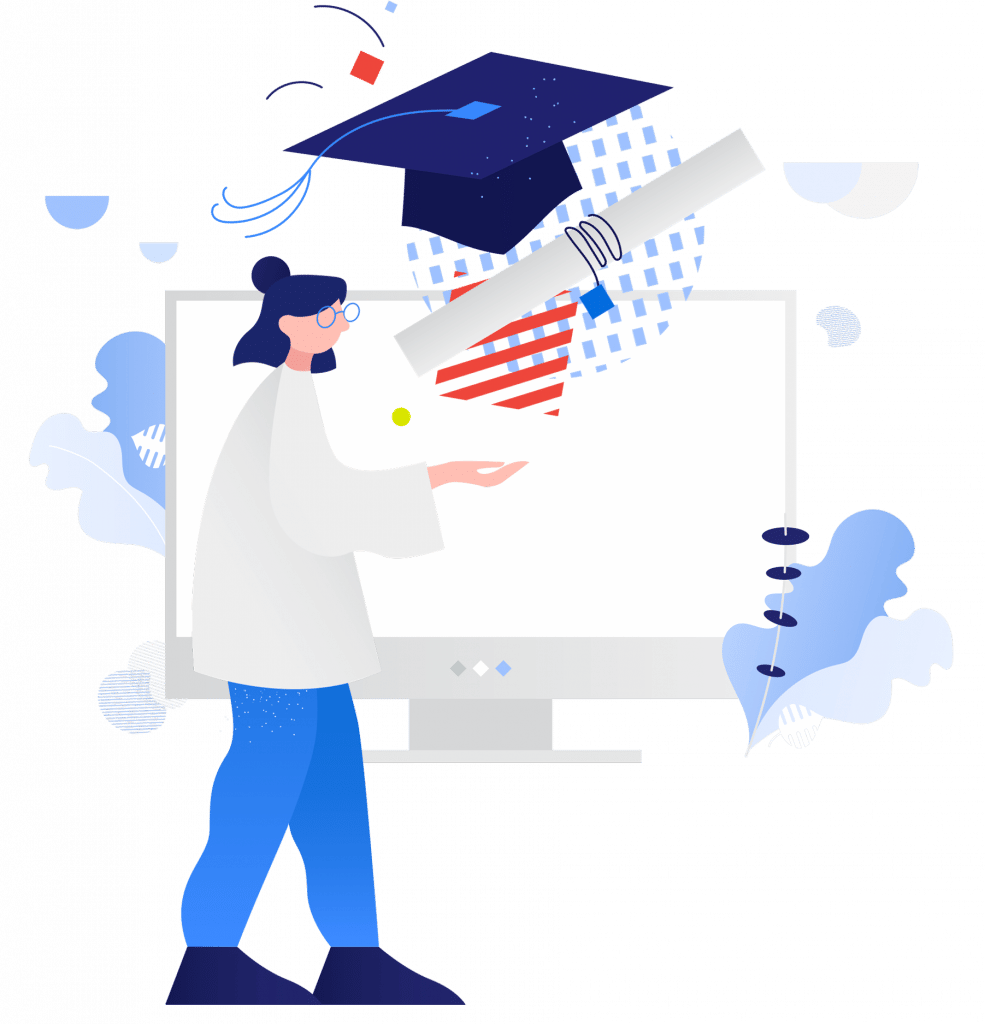 Une illustration avec une jeune femme devant un ordinateur avec un chapeau de diplômée