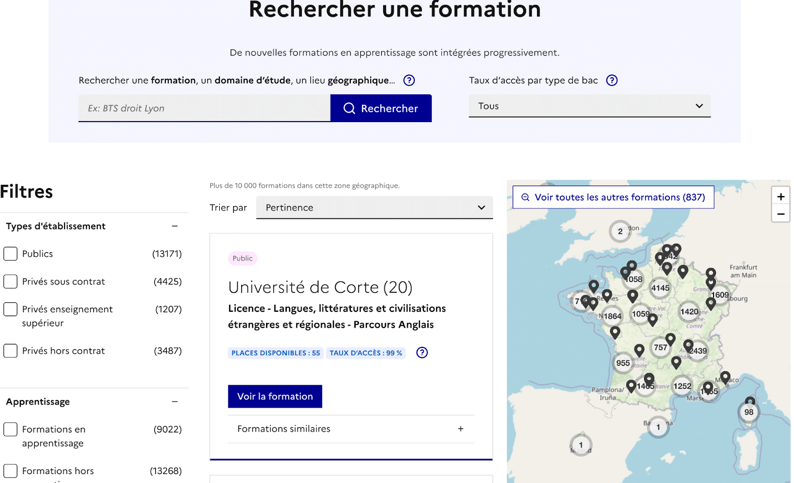 Rechercher une formation, un domaine d’étude, un lieu géographique sur parcoursup.fr